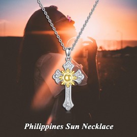 PROESS Necklace Cross Sun 925 Sterling Silver Necklace Cross Sun Necklace 925 Sterling Silver Cross Pendant Cross Jewellery Sun Cross Gifts for Women, Sterling Silver