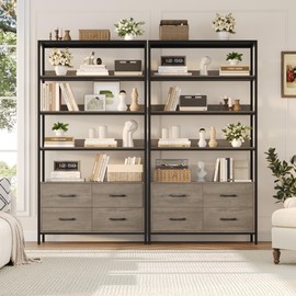 HITHOS 5 Tier Bookshelf with Drawers, 71" Tall Bookcase with Shelves, 35.4" Wide Free Standing Book Storage Shelf, Modern Wood Display Cabinet for Living Room, Study, Home Office, Ash Grey