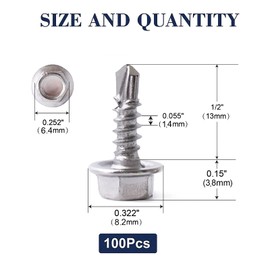 #8 x 1/2" Sheet Metal Screws 100PCS 410 Stainless Steel Hex Washer Head Fast Self Tapping Screws by SG TZH