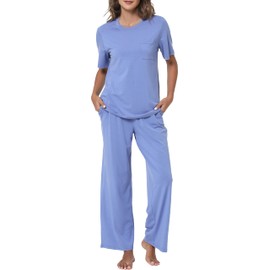 GYS Women's Pajama Set - Viscose Made from Bamboo, Short Sleeve Sleepwear with Pants Soft Pjs Lounge Set, Witt Blue, XX-Large Plus
