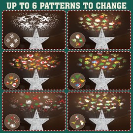 LED Rotating Tree Topper Light Projector with 6 Slides - Silver Christmas Star for Tree Decorations
