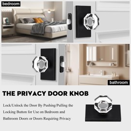 HIEMEY Matte Black Clear Glass Crystal Door Knobs Interior with Lock,Octagon Modern Classic Privacy Door Knobs for Bedroom/Bathroom