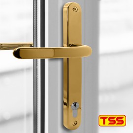 TSS Polished Brass UPVC Door Handle Pair Set, 117mm PZ (Centres), Sprung, Lever Lever, 237mm Screw to Screw (Screw centres), Backplate 267mm x 32mm - Replacement PVC Door Handle in Polished Brass