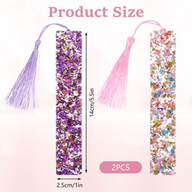 Piriuuo 2 Pcs Bookmarks for Girls, Glitter Resin Bookmarks Transparent Kids Art Bookmark with Colorful Silk Tassels for Women Girls Book Lovers Reading Presents