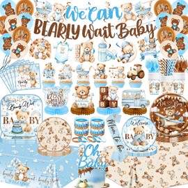 Blue Bear Baby Shower Decorations for Boy We Can Bearly Wait Baby Shower Plates and Napkins Tablecloth Banner Toppers Bracelets Sash Honeycombs Balloons for Boy Baby Shower Party Supplies Serve 26