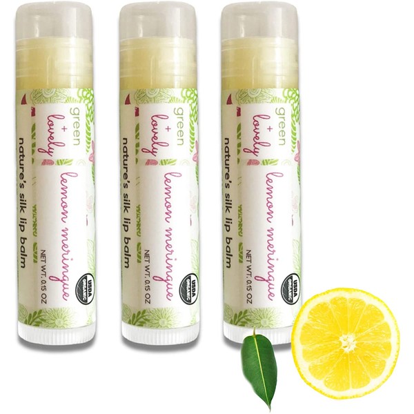 Organic Certified Lip Balm Butter(3 Pack) by Green and Lovely | Lemon Meringue Lip Oil for Total Hydration and Repair | 0.15 oz Lip Moisturizer Tube Made with Premium Organic Ingredients