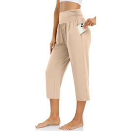 UEU Women's High Waist Capri Plus Casual Summer Loose Fit Straight Wide Leg Yoga Pants Maternity Lounge Capris Sweatpants Pockets(Beige,2XL)