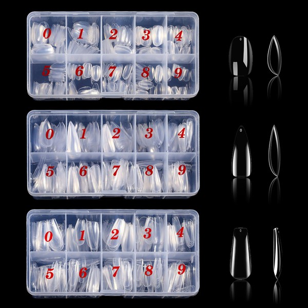 1400 Pcs 3 Styles Clear Nail Tips, Pre-shaped Acrylic Press