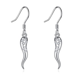 AXOMY Italian Horn Earrings 925 Sterling Silver Lucky Clover Italian Horn Earrings Cornicello Earrings Talisman Protection Amulet Italian Horn Jewelry Gifts for Women