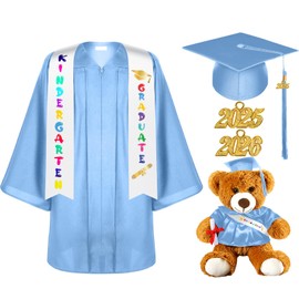 Silkfly 7 Pcs Kindergarten Graduation Gown Cap 2025 Preschool Graduate Outfits Accessories Stole Tassel Sash Charm Bear Gift(33,Sky Blue)