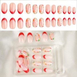 Pufandor Short Press on Nails Almond Red French Tip Press on Nails with Little Daisy Flowers Fake Nails Full Cover Glossy French False Nails 24Pcs