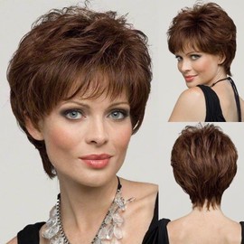 EMMOR Short Brown Human Hair Wigs Blend with Healthy Memory Fiber Pixie Curly Wig With Bang,Natural Daily Use Hair (Brown)