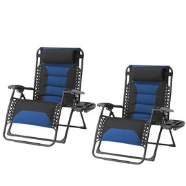 Foristrail Zero Gravity Chair Set of 2 Oversized Folding Recliner, Padded Anti Gravity Lounge Chair with Adjustable Pillow & Cup Holder for Outdoor Camping, Patio, Poolside, Lawn (Black & Blue)