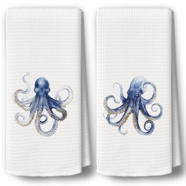 BCUANGD Blue Octopus Kitchen Towels Decor Set of 2 - Coastal Nautical Hand Tea Towels, Vintage Beach Ocean Dish Towel Dishcloths Decorations for Home Kitchen Farmhouse, 16"x24"