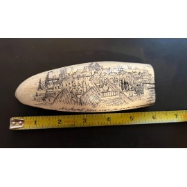 NEW !! Scrimshaw whale tooth resin REPLICA "NANTUCKET WIVES" 6" long 7" on curve
