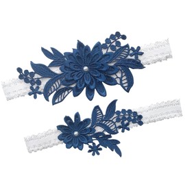 Garters for Bride, Wedding Garters for Bride Bridal Lace Garter Set Floral Leg Ring with Hand Sewn Faux Pearls (2pcs, Navy Blue)
