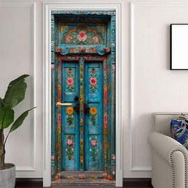 3D Door Stickers, Peel and Stick Vinyl Wallpaper ，Self-Adhesive Mural for Home Decor 30.3" W x 78.7" H (Floral Blue Door, 30.3" W x 78.7" H)