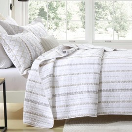 DUOHONG Queen Quilt Set, 100% Cotton, Queen Size Quilted Bedspread, Reversible Boho Striped Bed Spread, Lightweight Comforter for All Season, 3 Pieces, White/Brown/Grey