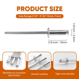 ALLCLEAN 200 Pcs 1/8" x 3/8" Aluminum Blind Rivets,3.2 x 10mm Pop Rivets,Aluminum Grip and Steel Mandrel