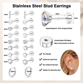 YiYunTE 20 Sliver Flat Back Stud Earrings Women Men Small Cross Pearl Ball Cartilage Studs Earrings Sliver Huggie Hoop Earrings Diamond Helix Studs Earrings Opal Birthstone Earrings Gift Mother Friend