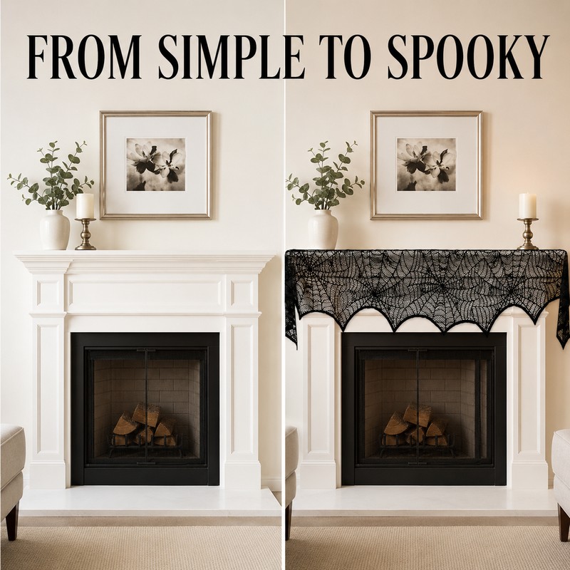Halloween Black Lace Spiderweb Mantel Scarf - 18x96 Inch Fireplace