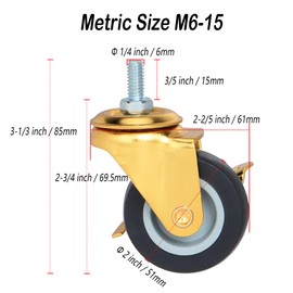 BAISASY 2 Inch Stem Caster Wheels with Brake, Metric Size M6-1.0-15 (Screw Diameter 6mm, Screw Length 15mm) Casters Set of 4 for Workbench Trolley，Furniture Dolly，Shopping Trolley