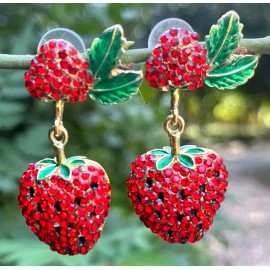 Betsey Johnson Red Rhinestone STRAWBERRY Fruit Green Enamel Leaf Betsey Johnson Dangle Earrings