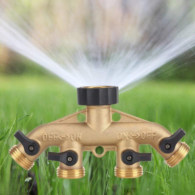 Garden Hose Splitter 4 Way Brass,3/4" Tap Splitter Shut Off