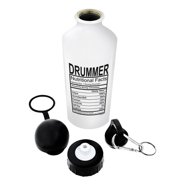 ThisWear Drummer Gifts for Kids Drummer Nutritional Facts Drummer Gifts Funny Gift Aluminum Water Bottle with Cap & Sport Top White