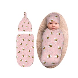 Cute Bee Baby Stuff Swaddle Blanket With Beanie Set, Soft Baby Swaddle Sack Newborn Sleeping Sacks For Girls Boys