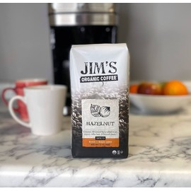 Jim’s Organic Coffee – Hazelnut, All Natural Flavored Blend – Light Roast, Ground Coffee, 12 oz Bag
