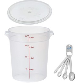 Lumintrail Cambro 4 Quart Round Food Storage Container, Translucent, with a Translucent Lid, Bundle with a Measuring Spoon Set