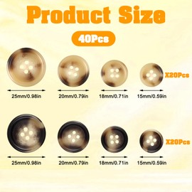 Pack of 40 Buttons, Mother of Pearl Buttons, Resin Buttons for Sewing, 2 Colours, 4 Sizes, Brown Buttons, 4-Hole Flat Back Button for Sewing, DIY, Crafts, Dresses, Sewing, Coat, Shirts