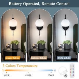BELS Battery Operated Wall Sconces Set of Two, Black Wireless Sconces Wall Decor with Remote Control, 3 Color Temperatures, Dimmable Indoor Wall Lights for Living Room Bedroom