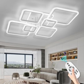 Modern Ceiling Light, White 40.2'' LED Dimmable Acrylic Square 6+1 Rings Ceiling Lights with Remote, 130W Flush Mount Ceiling Light Fixture for Bedroom Living Room Dining Room