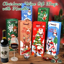 Liobelon 12 Pieces Christmas Wine Gift Bags with Tags, Xmas Wine Bottle Gift Bags Colorful Wine Bag Paper Champagne Gift Bag for Christmas Holiday Home Party Favor Decoration, 6 Designs
