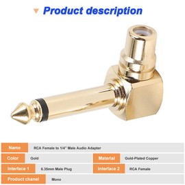 Xiatiaosann RCA to 1/4" Audio Adapter, 90 Degree 6.35mm Mono Male Microphone Plug to RCA Female Connector, Gold Plated Pure Copper Guitar Jack Connector (2 Pack)