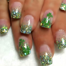 BFY Green Shamrock Press on Nails Medium Square St. Patrick's Day Fake Nails for Women, Shiny Sequin Green Clover Acrylic Nails Kit, Nude Glossy Gel False Nails Irish Day Nail Decorations 24 Pcs