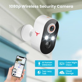 Outdoor Security Camera, Battery Powered Wireless Camera, Cloud Storage Sold Seperately, Color Night Vision, 2-Way Audio, Smart AI Motion Detection, 2.4G only (2 Light, 1 Pack)