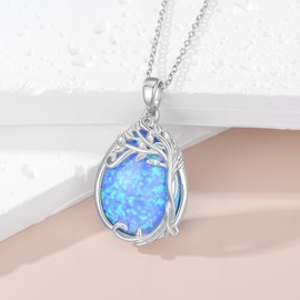 MOTIEL 925 Sterling Silver Opal Necklace Blue Opal with Tree of Life Pendant Necklace Mother's Day Christmas Jewelry Gift for Women Mother