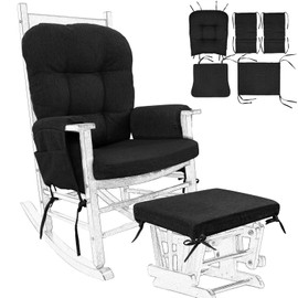 BUYUE Glider Rocker Replacement Cushion 5 PCS with Ties, Linen High-Density Foam Non-Slip & Washable Rocking Chair Pads for Sitting,Black