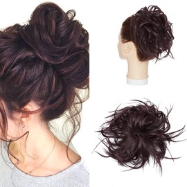 Messy Hair Bun Hair Piece Fluffy Tousled Bun Hair Extension Updo Scrunchy Hairpieces Synthetic Scrunchies Donut Wrap On Chignons Elastic Ponytail For Women 45g #2/110 Dark Brown Mix Wine Red