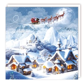 Tracks Publishing Charity Christmas Cards Pack of 5 - Charity Christmas Cards with Santa Flying Over Snowy Houses Scene - Eco-Friendly Xmas Cards Multipack with Envelopes