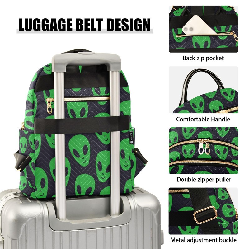 Yasala Women Fashion Backpack Green Aliens Face Sturdy Daily Bag