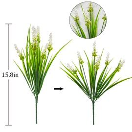 unlemoni 40 Bundles Artificial Plants Outdoor Fake Monkey Grass with Lavender Flowers Plastic UV Resistant Greenery Shrubs for Window Box Porch Garden Patio Outdoor Decor(White)