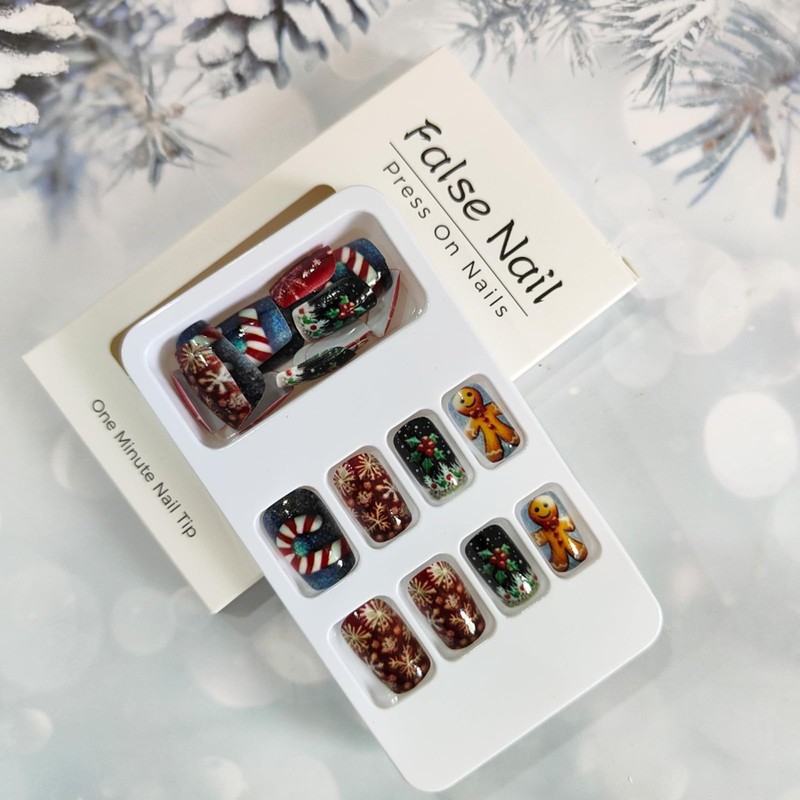 Christmas Press on Nails Medium Square Fake Nails Snowflake False