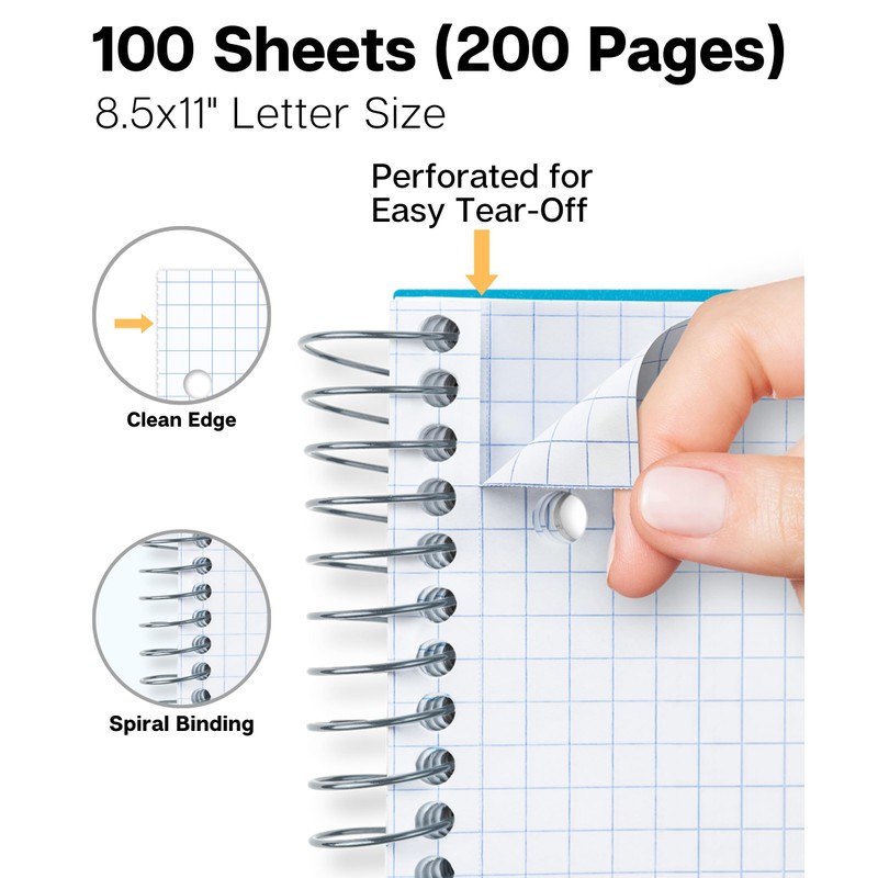 Dunwell Graph Paper Spiral Notebook (Blue) Plastic Cover, 100 Sheets,