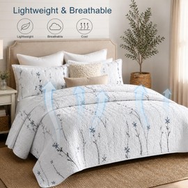 BOV Floral Quilt Set Queen Size 92x96, 100% Cotton Lightweight Bedspread with 2 Pillow Shams (20x26), Soft Breathable Summer Quilt, Botanical Bedding for Bedroom Decor