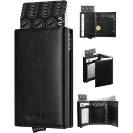 VULKIT Portatarjetas de crédito con compartimento para billetes, bloqueo RFID, portafolios de piel desplegable con ventana de identificación,Negro