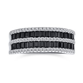Pave Cubic Zirconia Two Tone Wide 4 Row Stripe AAA CZ Statement Black & White Wedding Half Eternity Band Ring For Women .925 Sterling Silver